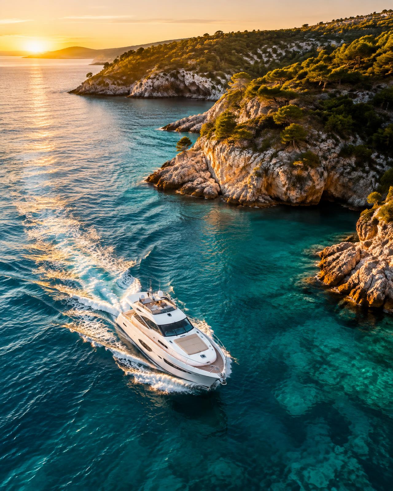 A yacht cruising through a sunlit Croatian cove